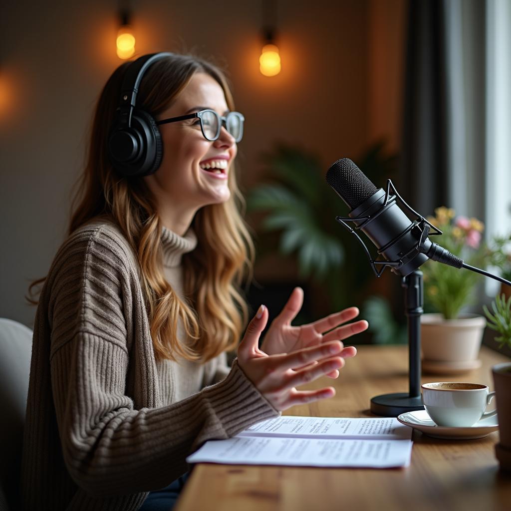 woman podcasting from home