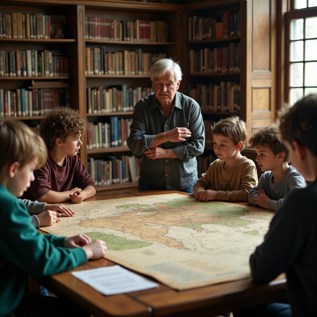 teacher showing old map to kids