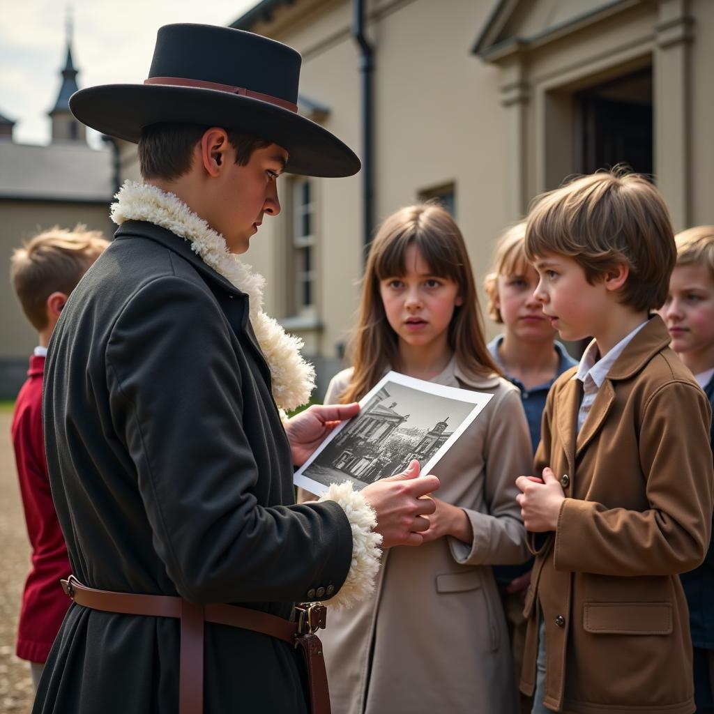 guide shows photo on walking tour