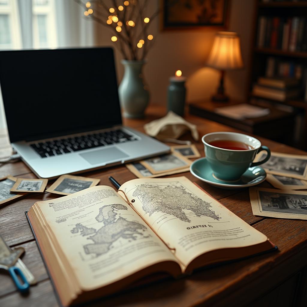 desk with local history writing materials
