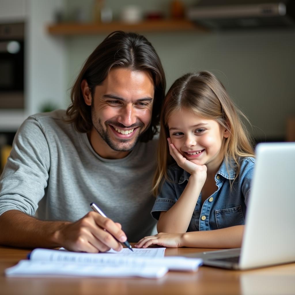 Parent and child researching savings