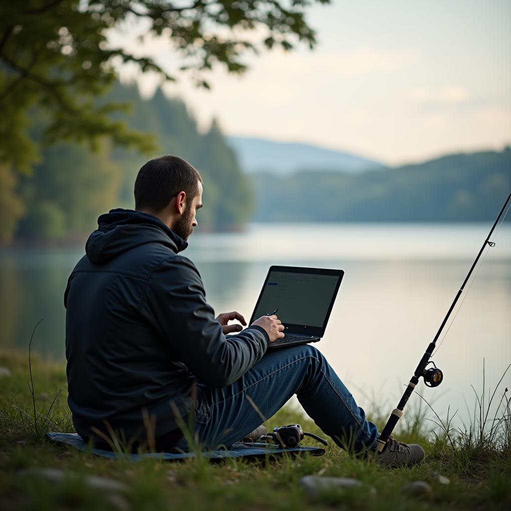 person writing fishing blog outdoors