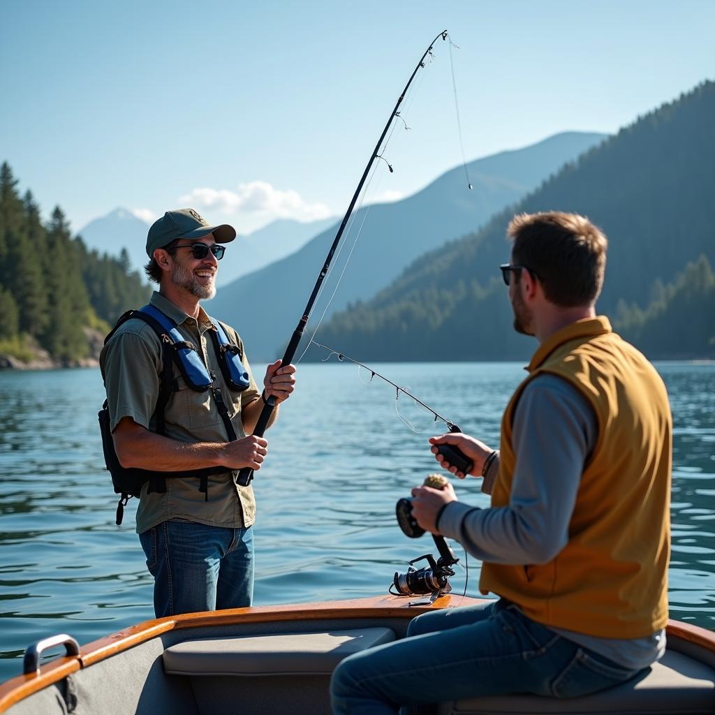 guide helping tourists fish on lake