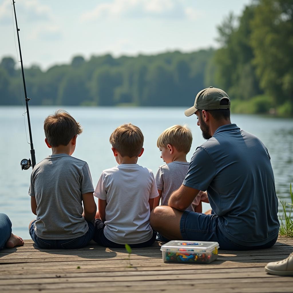 kids learning to fish on dock