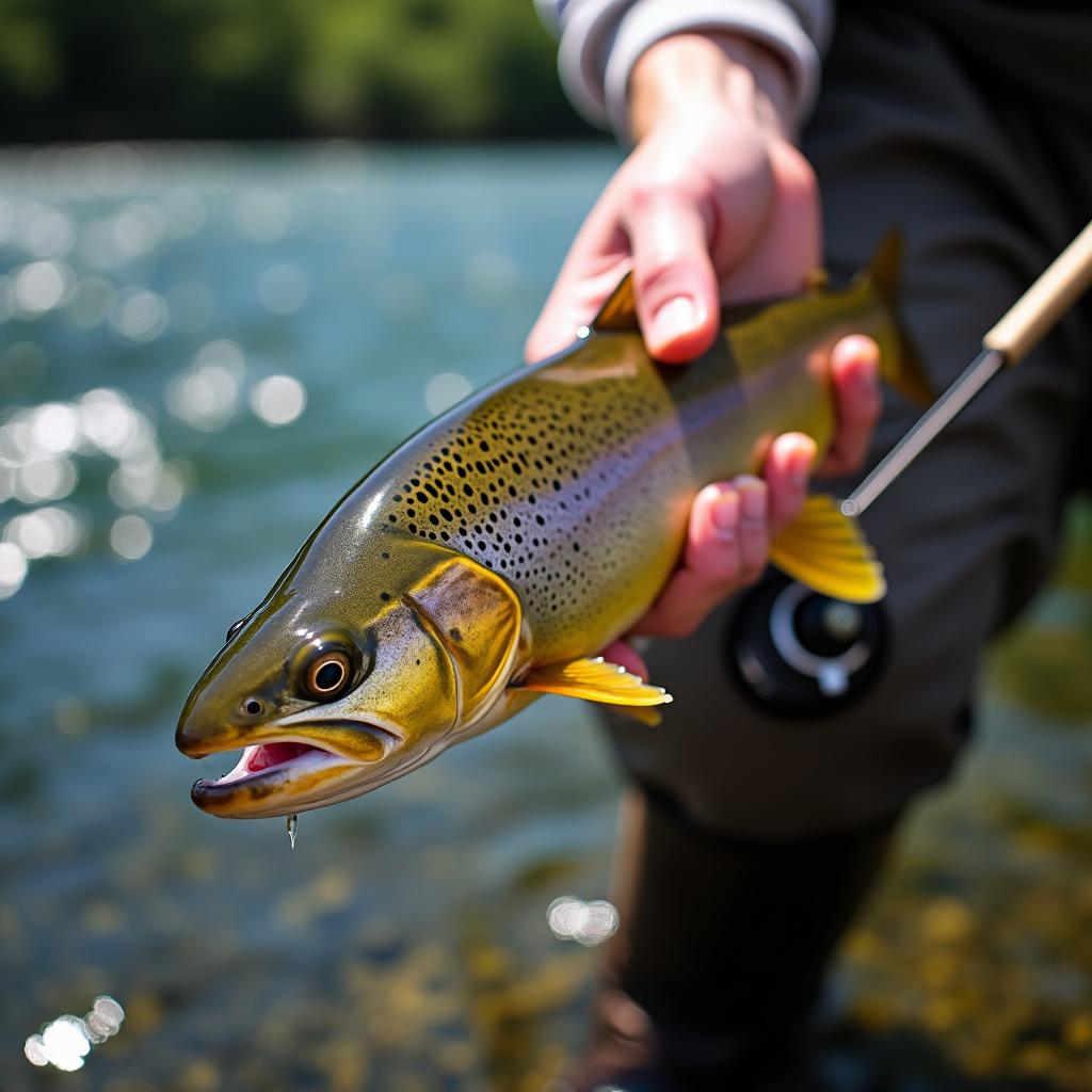 trout being held over river