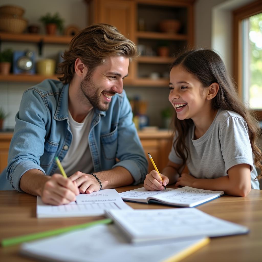adult tutoring student at table