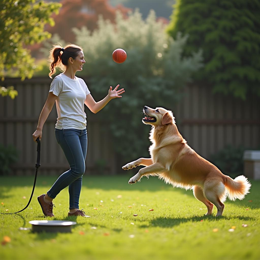 person playing fetch with dog