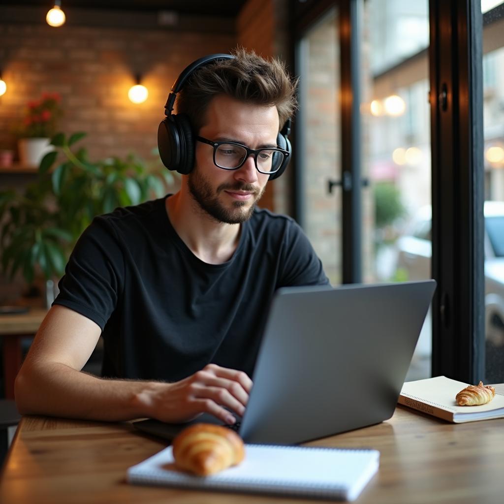 person typing at cafe table