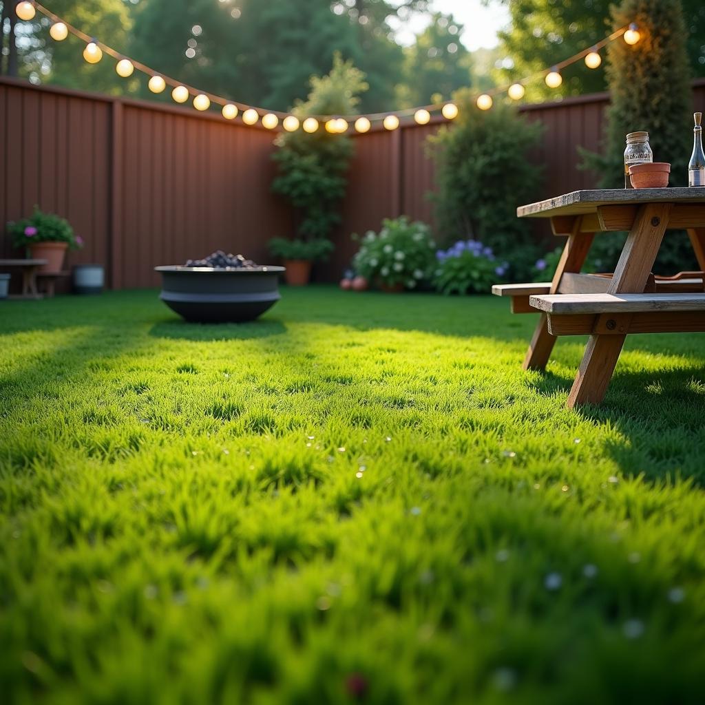 Tidy backyard with picnic and fire pit