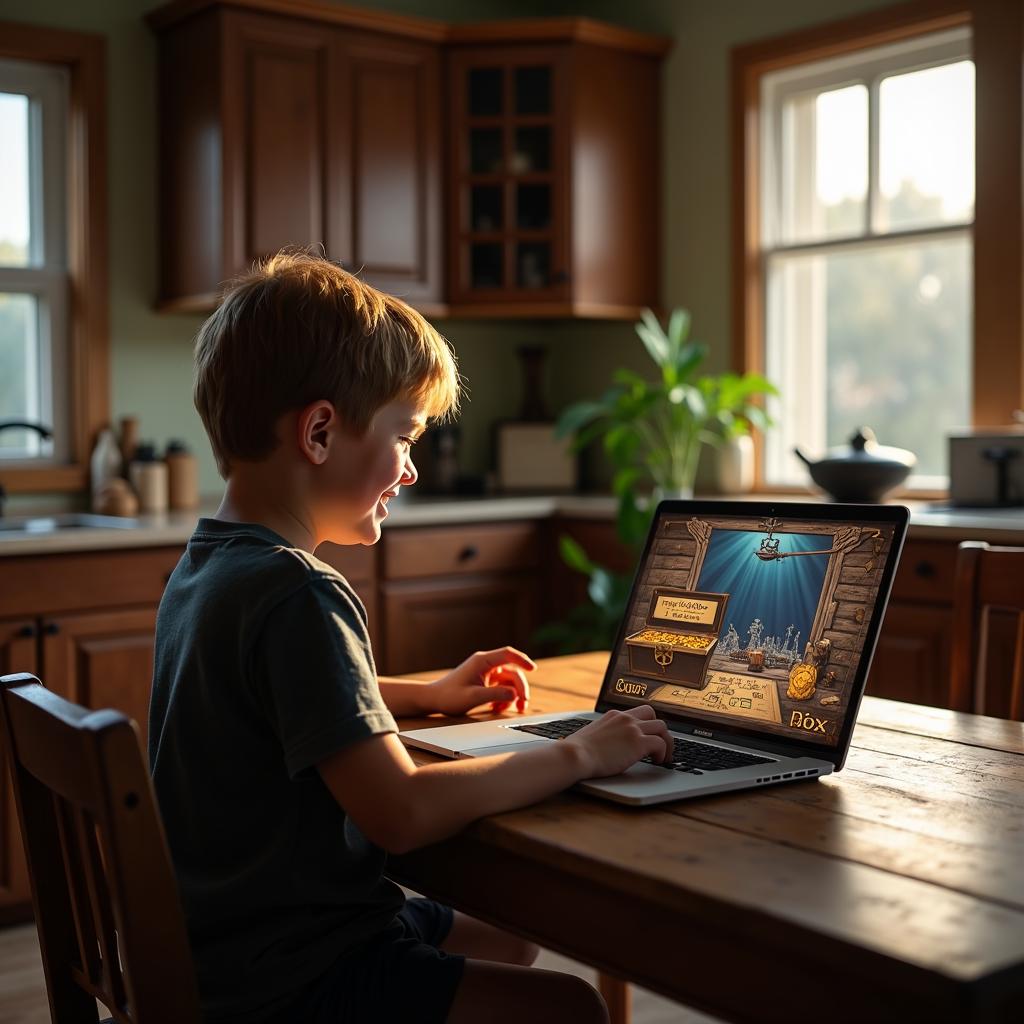 kid playing pirate escape game on laptop