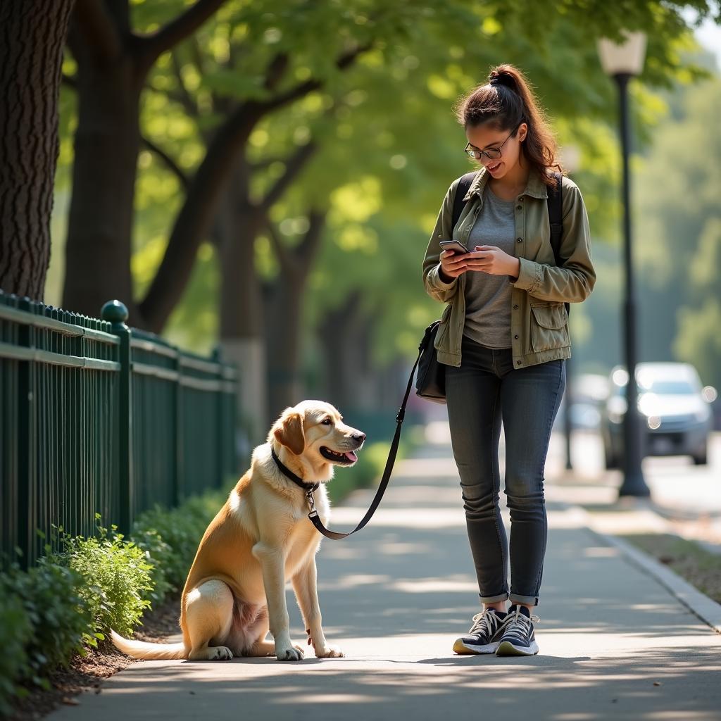Dog walker using phone during walk