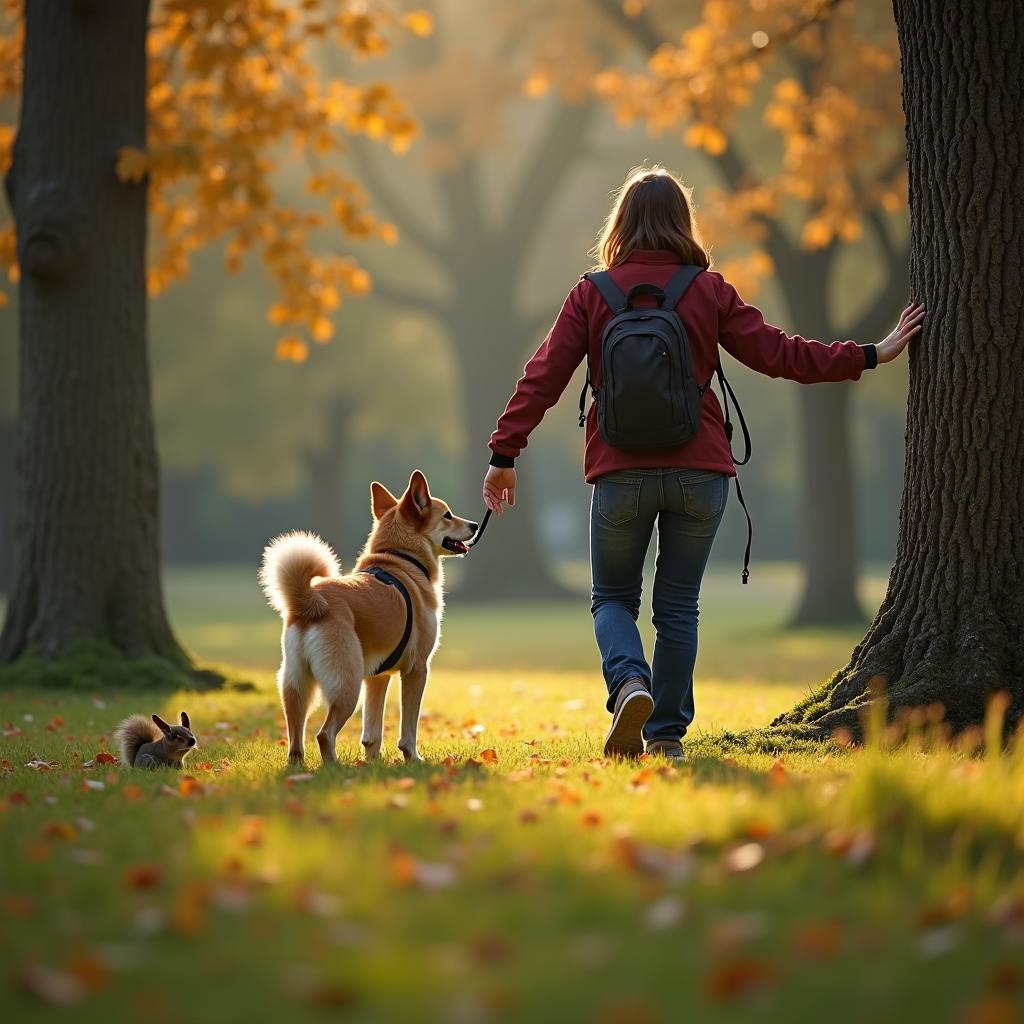Dog pulling on leash toward squirrel