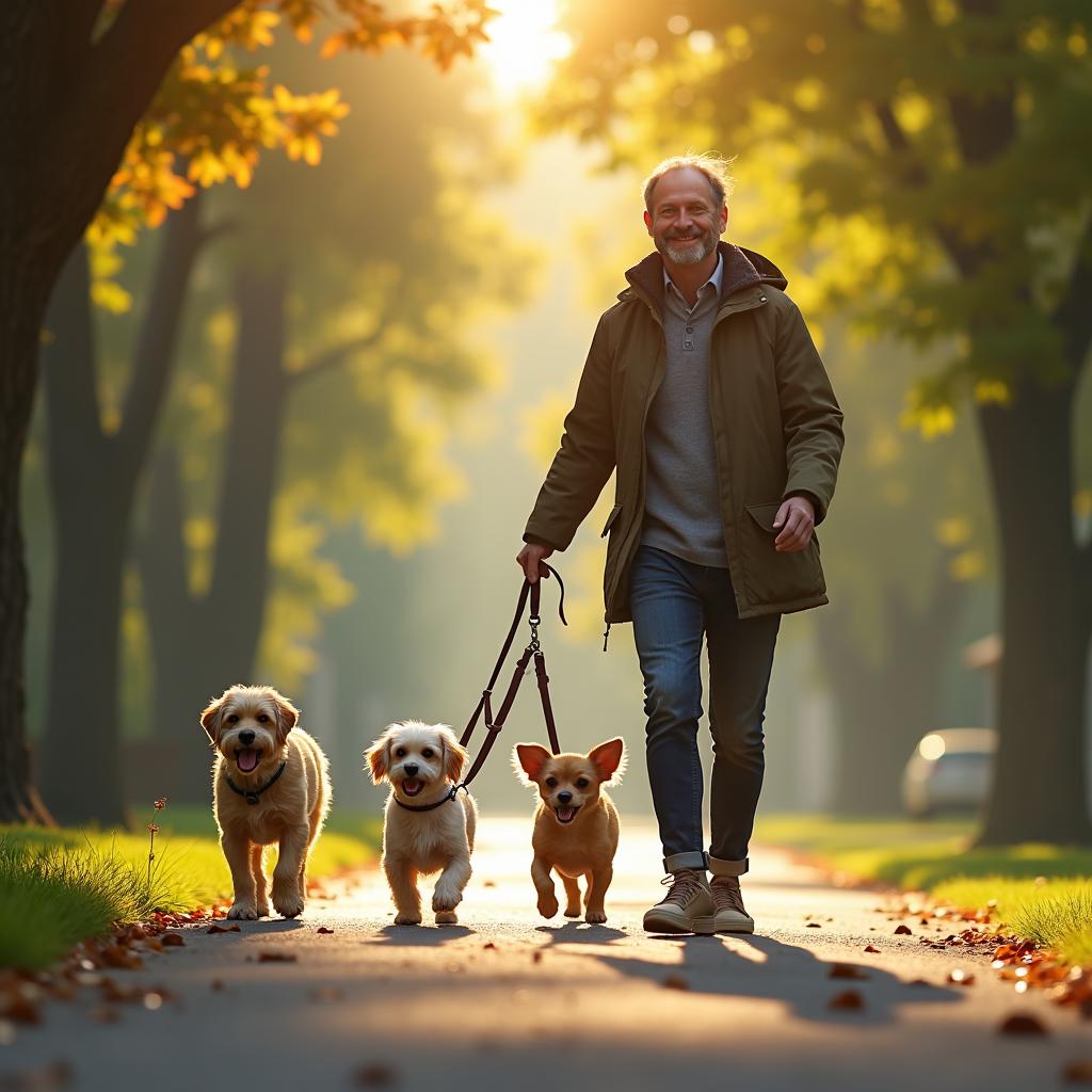 Dog walker with multiple dogs on a walk