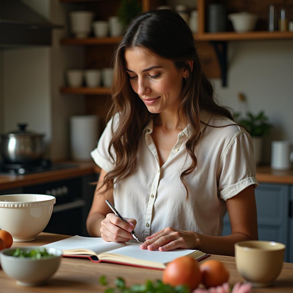 Person writing down a recipe in kitchen