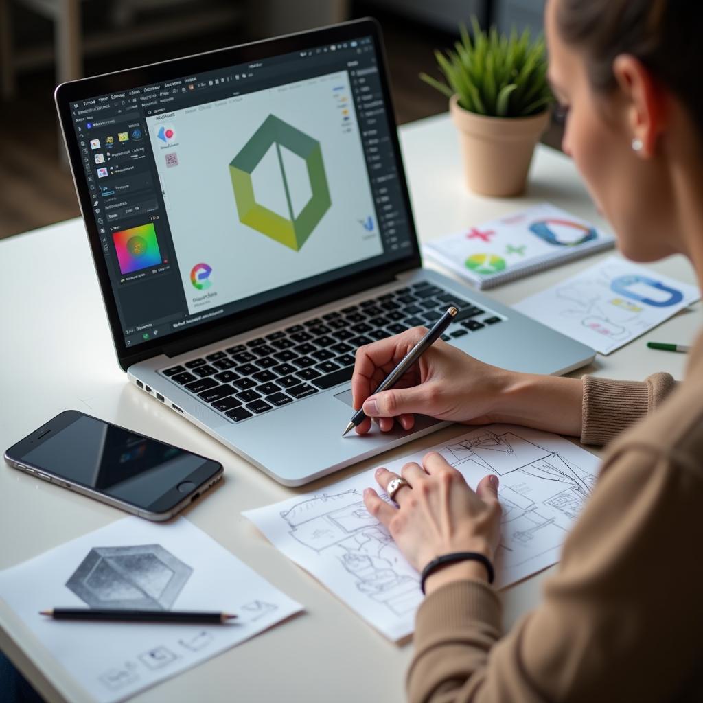 Person designing food logo on laptop