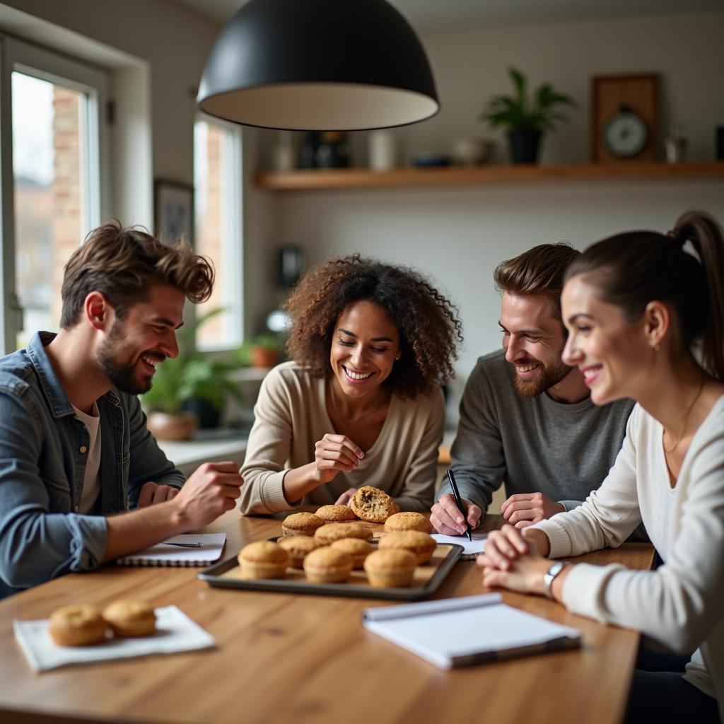 Friends tasting baked goods around a table